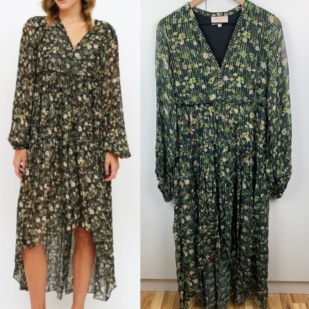 Rococo Sand Flora High Low Maxi Dress Green Black Gold Floral Medium Revolve